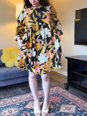 NWT Who What Wear Floral Print Black Swing Trapeze Dress Tropical Pink & Yellow